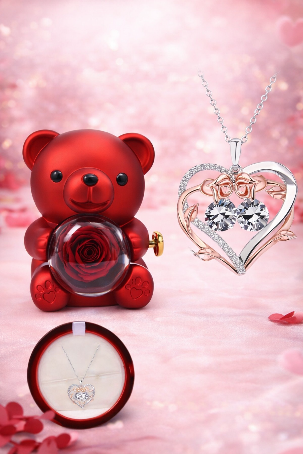 ❤️ Miś z Różą + Naszyjnik – Podwójna Miłość ❤️